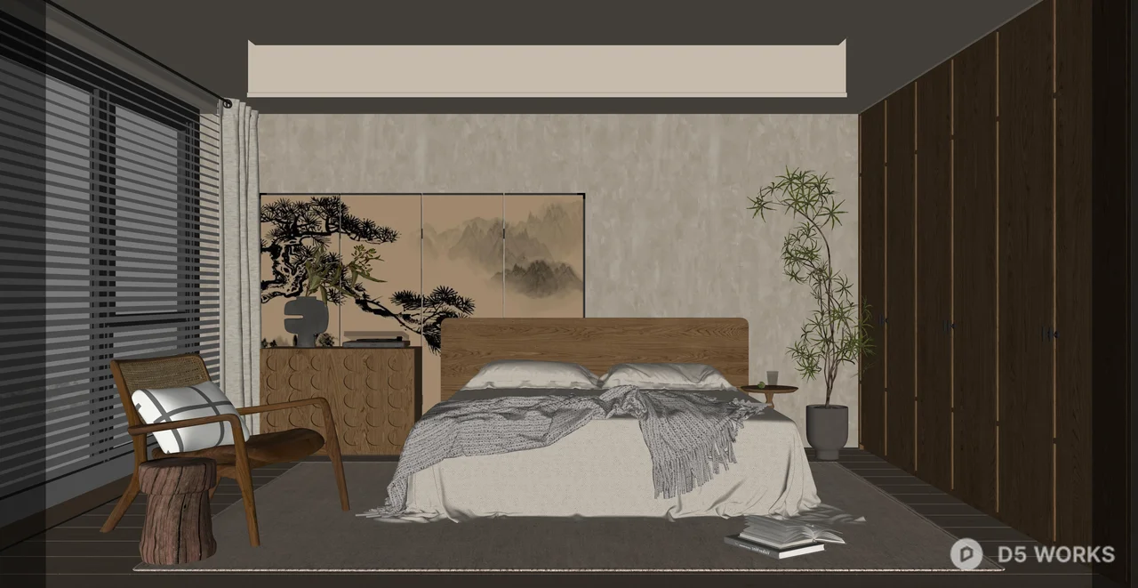 Modern Zen Wabi-Sabi Bedroom Interior Scene 3d model thumbnail 2