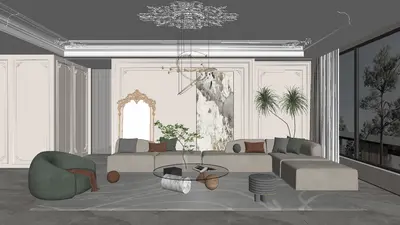 Modern Luxury Living Room with Sculptural Wall and Chandelier 3d model