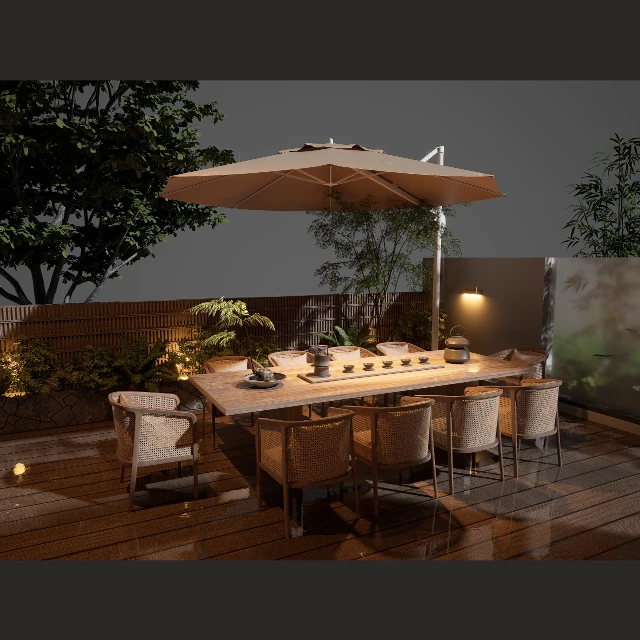 Zen Outdoor Dining Set with Bamboo and Parasol 3d model
