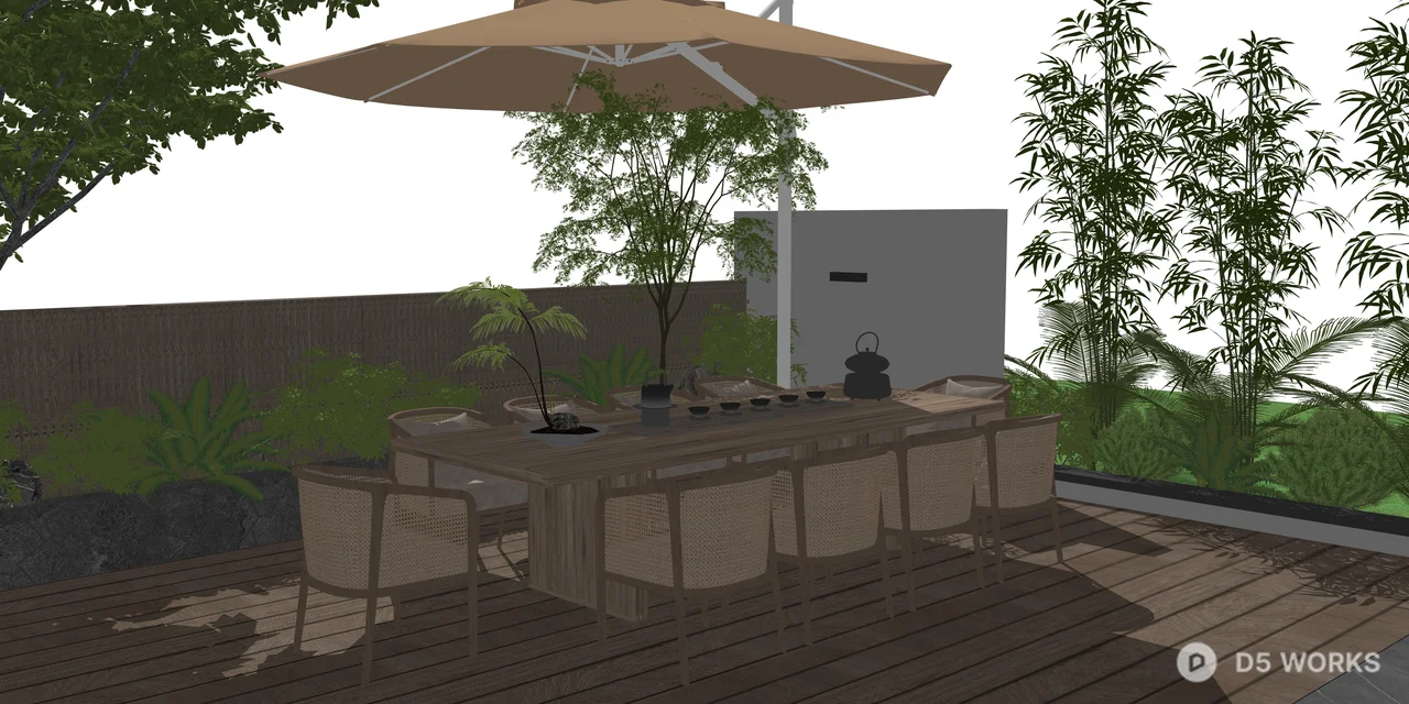 Zen Outdoor Dining Set with Bamboo and Parasol 3d model thumbnail 2