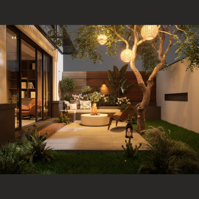 Modern Outdoor Patio with Fire Pit and Lush Greenery 3d model