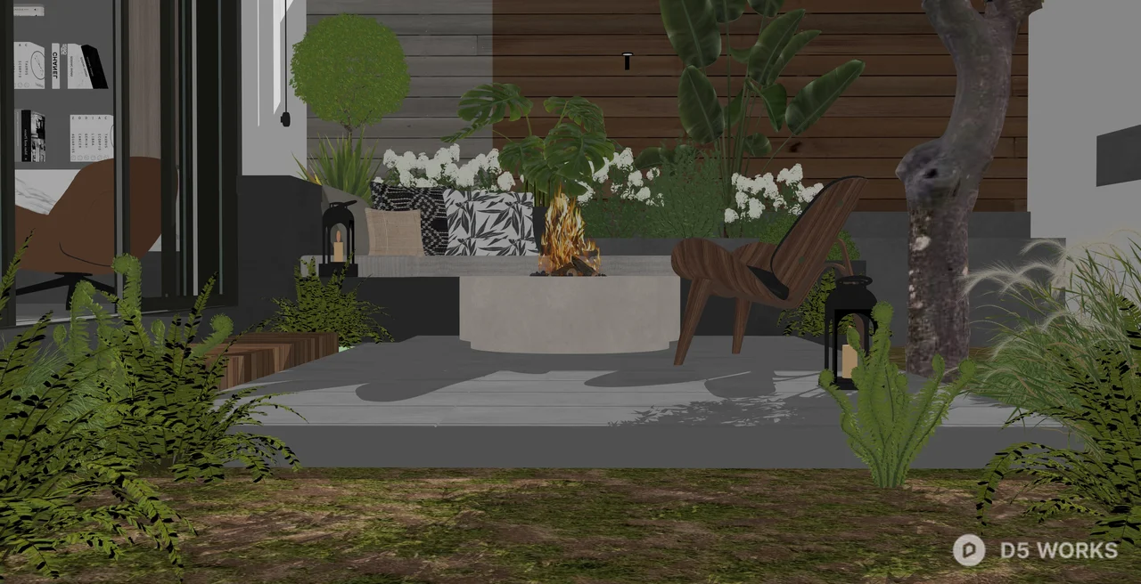 Modern Outdoor Patio with Fire Pit and Lush Greenery 3d model thumbnail 2