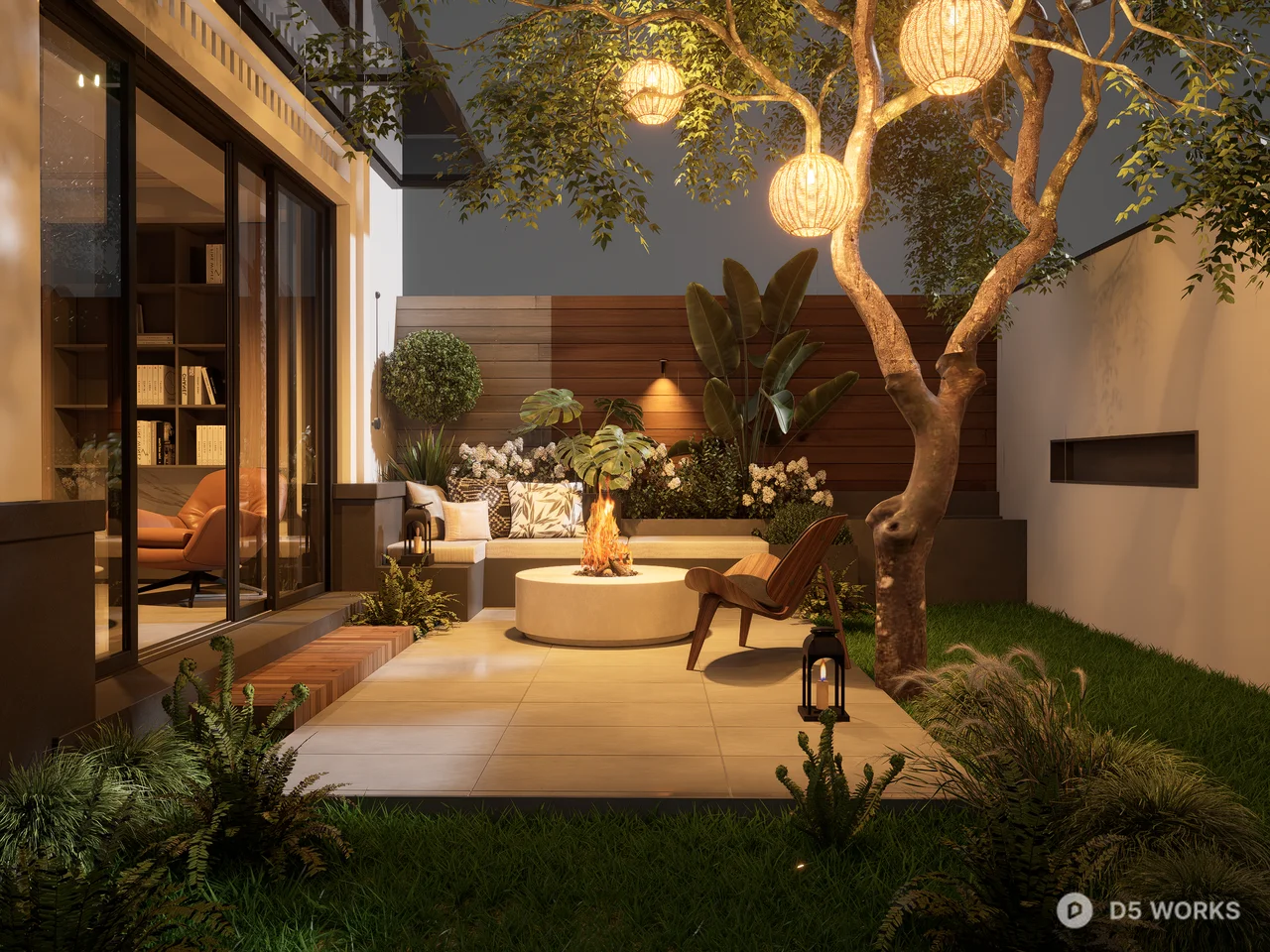 Modern Outdoor Patio with Fire Pit and Lush Greenery 3d model - Image 1