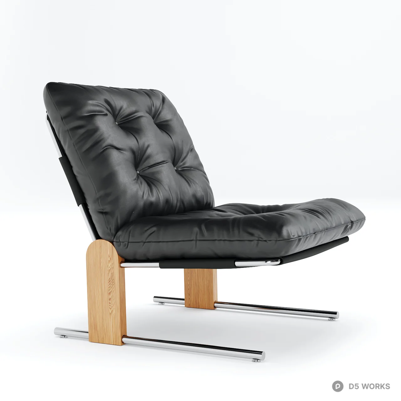 Mid-Century Modern Tufted Black Leather Lounge Chair 3d model thumbnail 2