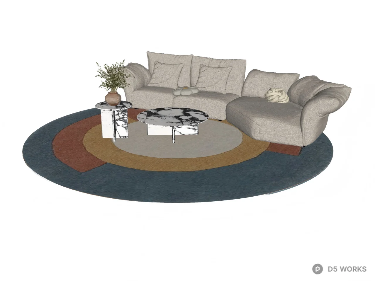 Modern Curved Fabric Sofa with Marble Coffee Tables 3d model thumbnail 2