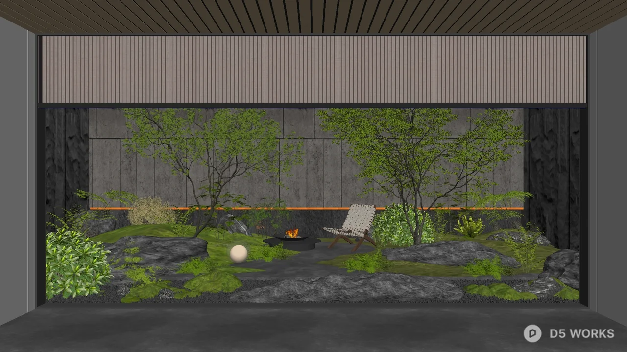 Minimalist Villa Courtyard With Rock Garden And Fire Pit 3d model - Image 1