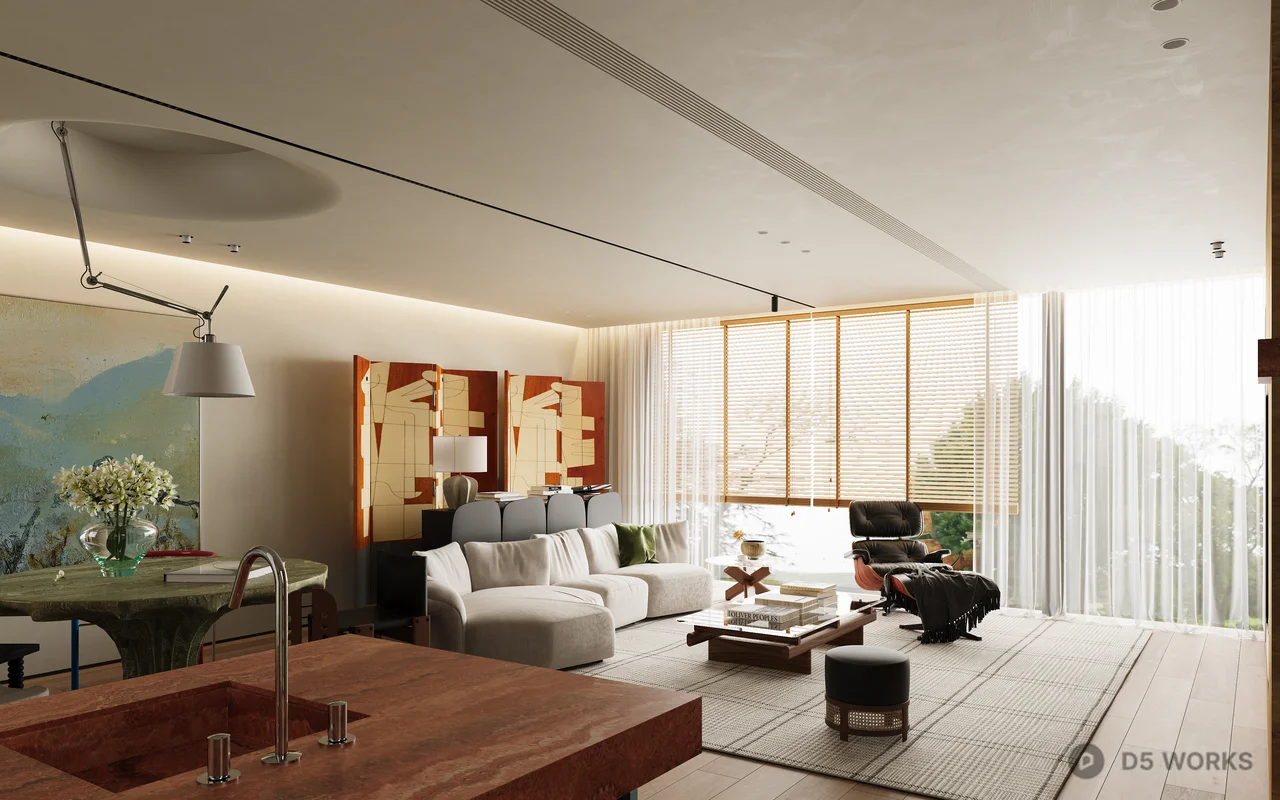 Minimalist Open-plan Living Dining Space With Natural Light 3d model - Image 1