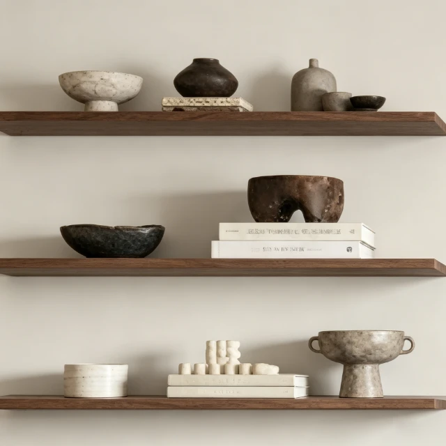 Rustic Walnut Floating Shelves with Wabi-Sabi Decor 3d model