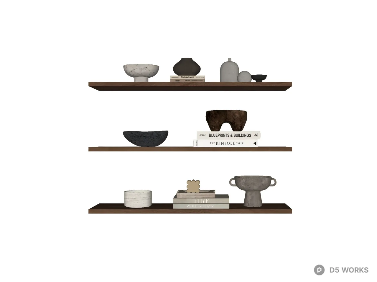 Rustic Walnut Floating Shelves with Wabi-Sabi Decor 3d model thumbnail 2