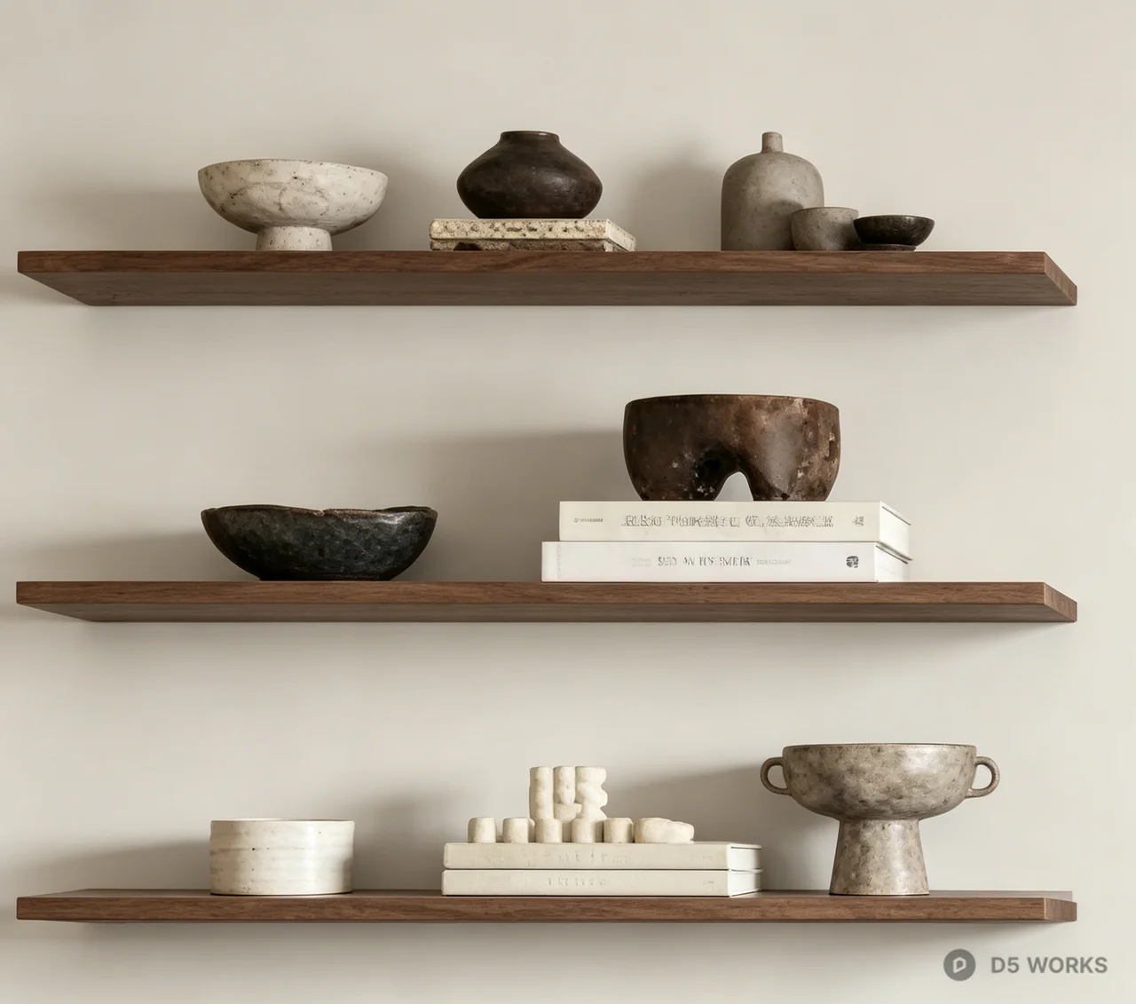 Rustic Walnut Floating Shelves with Wabi-Sabi Decor 3d model - Image 1
