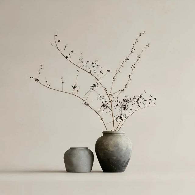 Rustic Wabi-Sabi Ceramic Vase Set with Dried Branches 3d model
