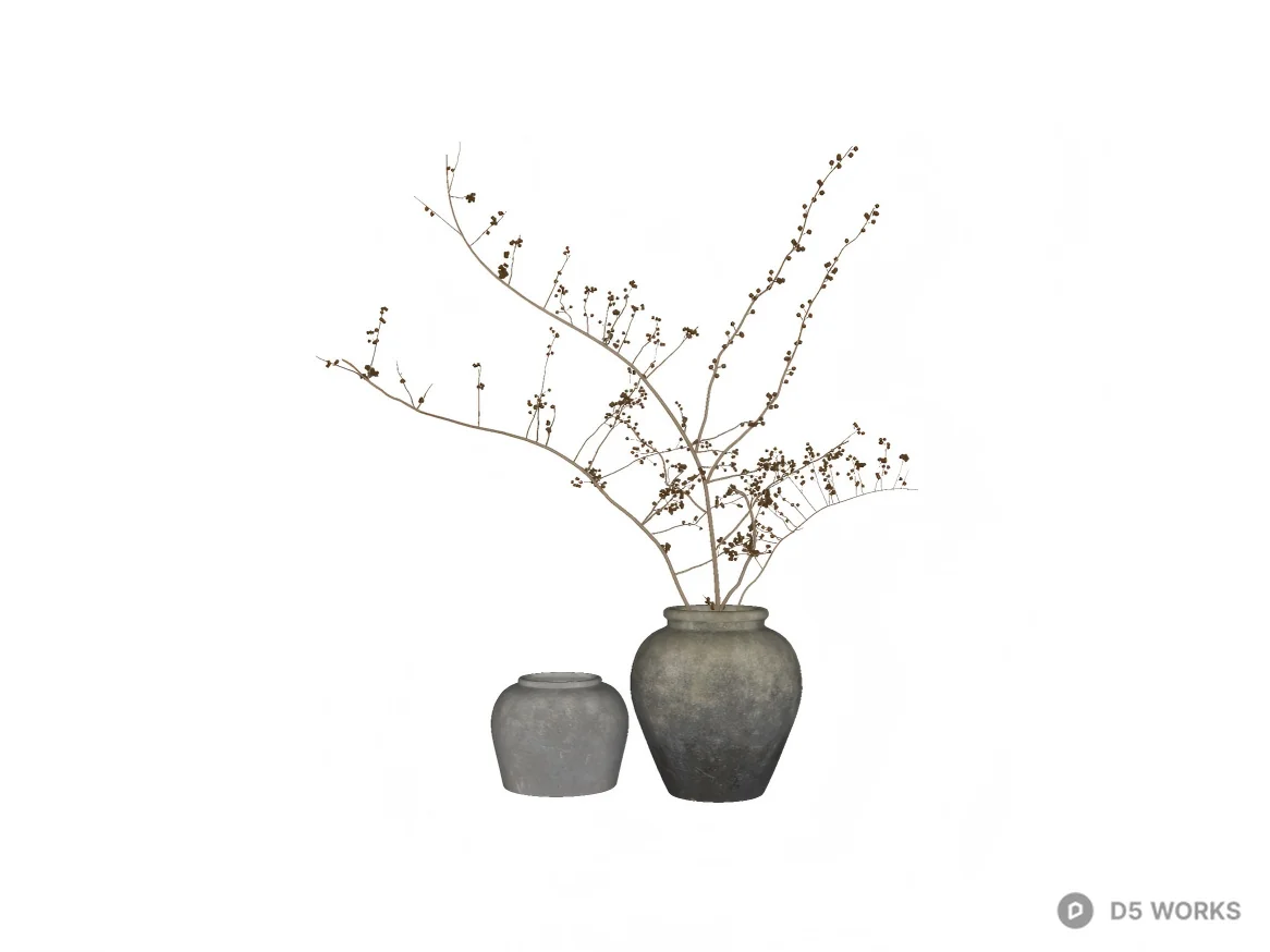 Rustic Wabi-Sabi Ceramic Vase Set with Dried Branches 3d model thumbnail 2