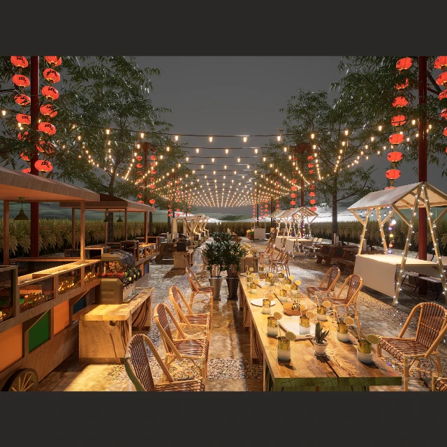 Outdoor Festive Garden Bar and Lounge Scene 3d model