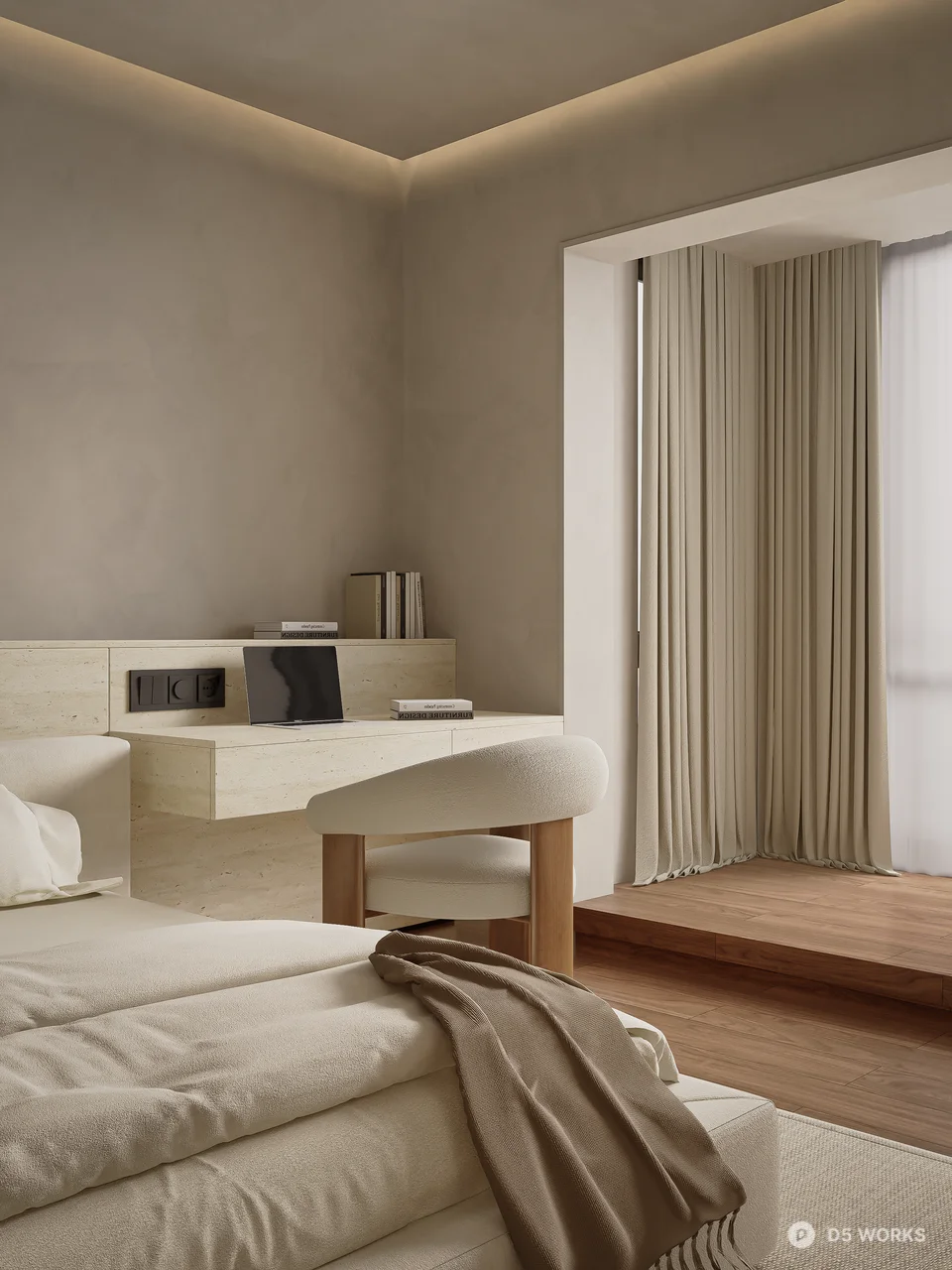 Minimalist Bedroom With Integrated Lighting And Neutral Tones 3d model thumbnail 5