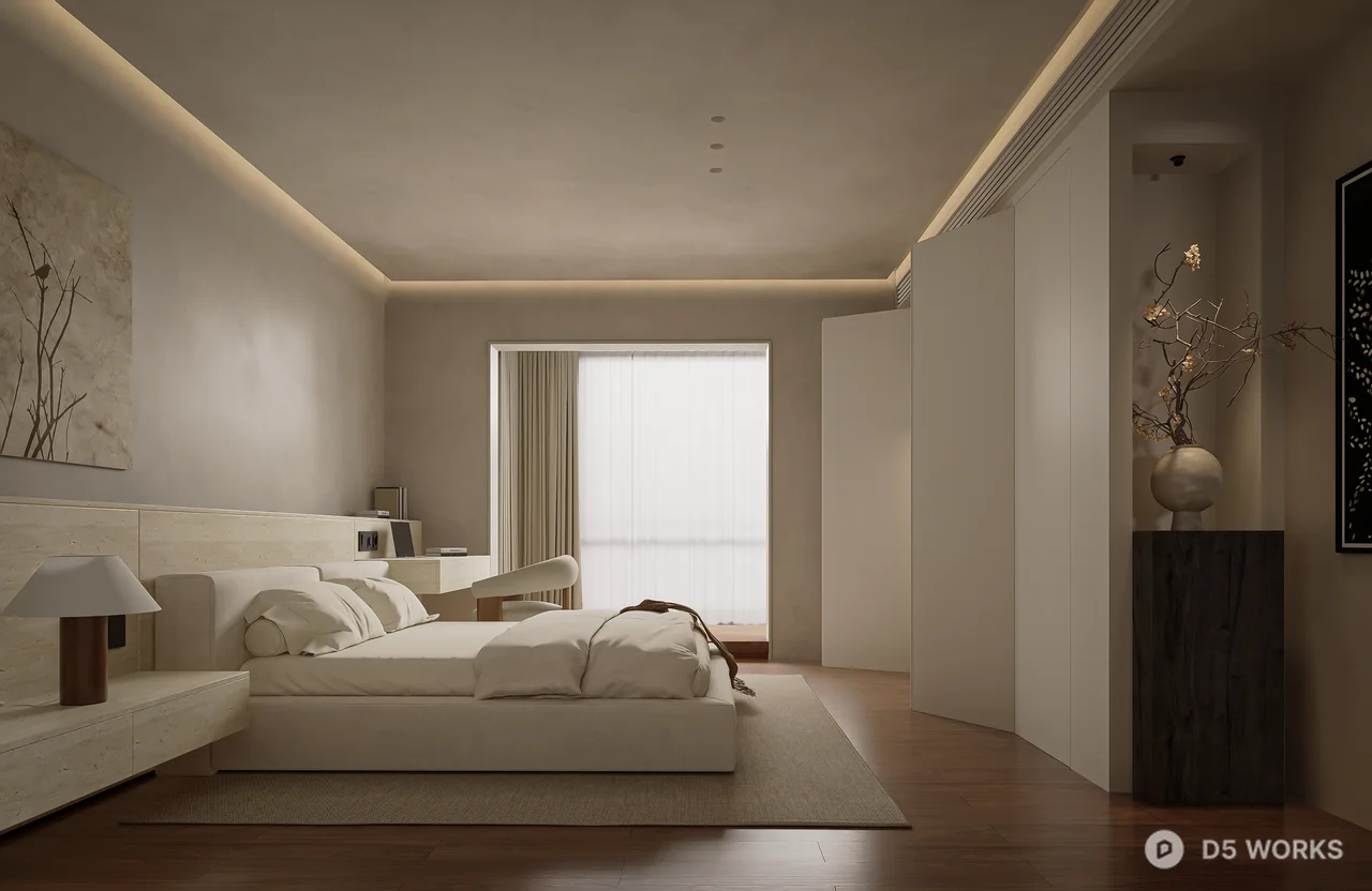 Minimalist Bedroom With Integrated Lighting And Neutral Tones 3d model thumbnail 2
