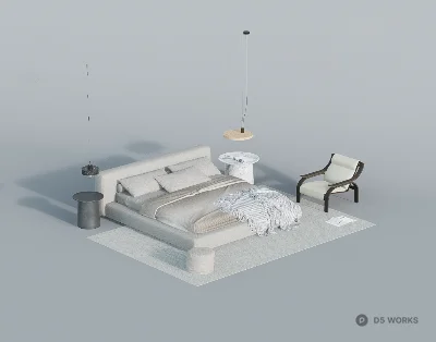 Minimalist Double Bed With Textured Bedding 3d model - Image 1