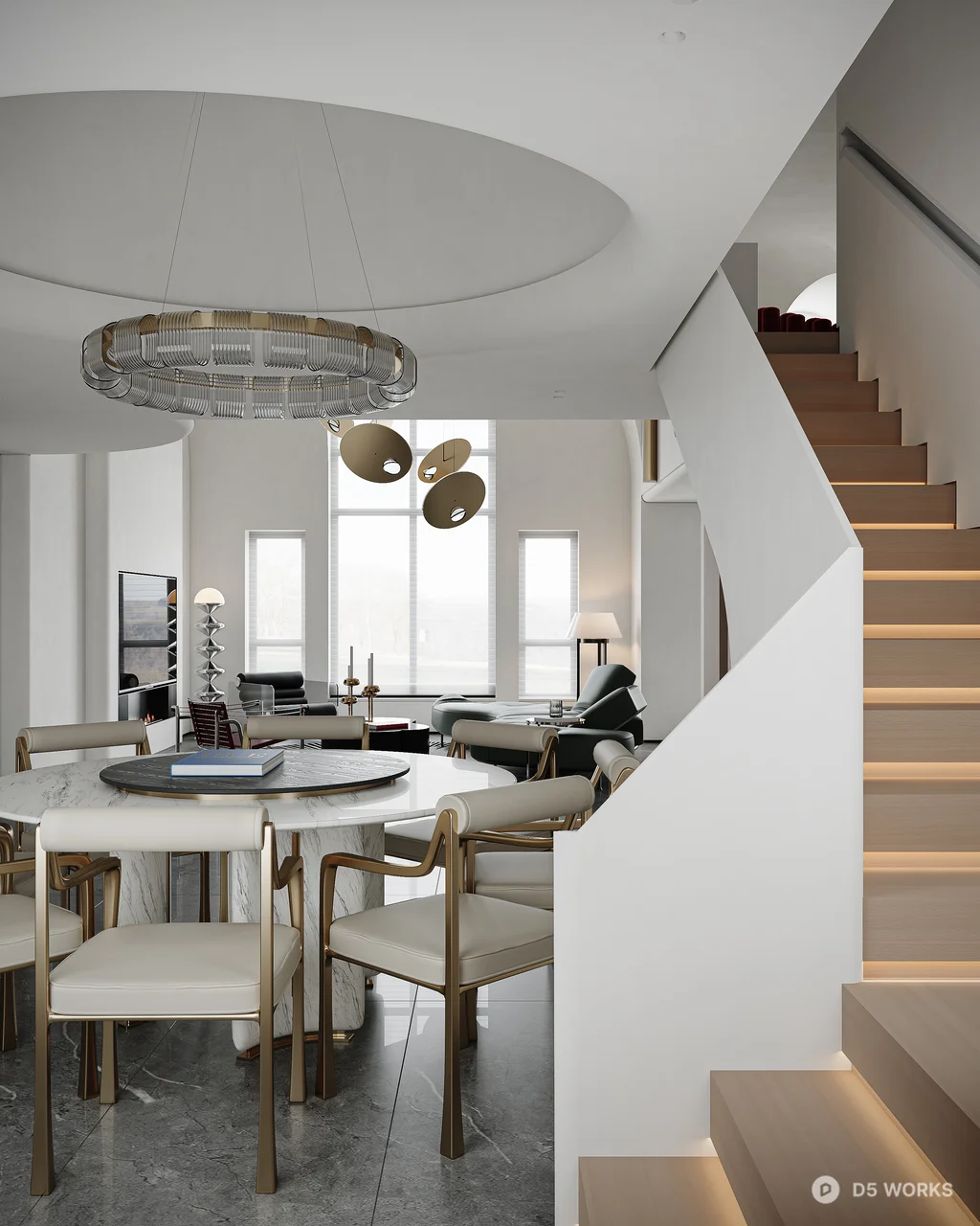 Minimalist Villa Living Room With Sculptural Pendant Lights 3d model thumbnail 4