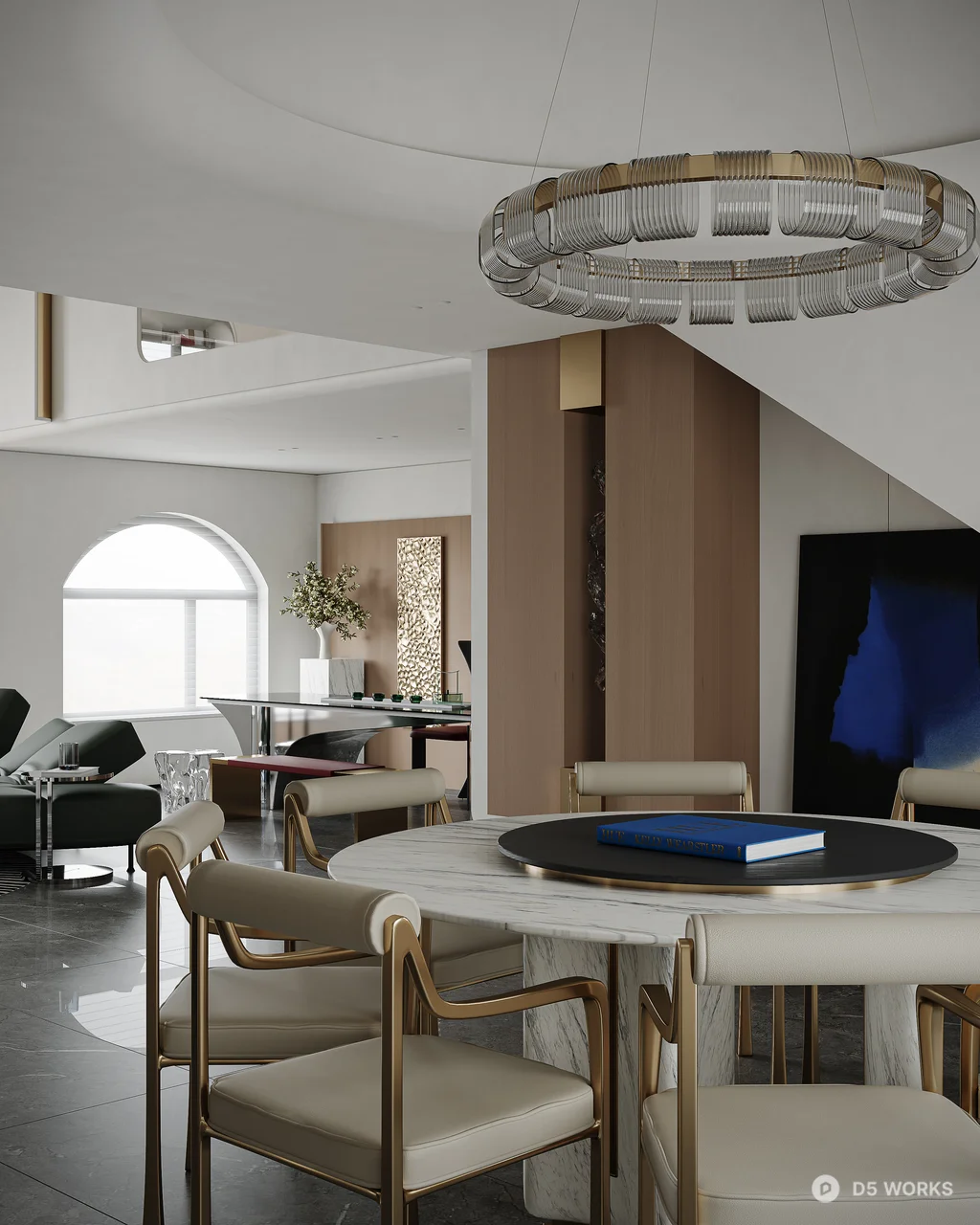 Minimalist Villa Living Room With Sculptural Pendant Lights 3d model thumbnail 5
