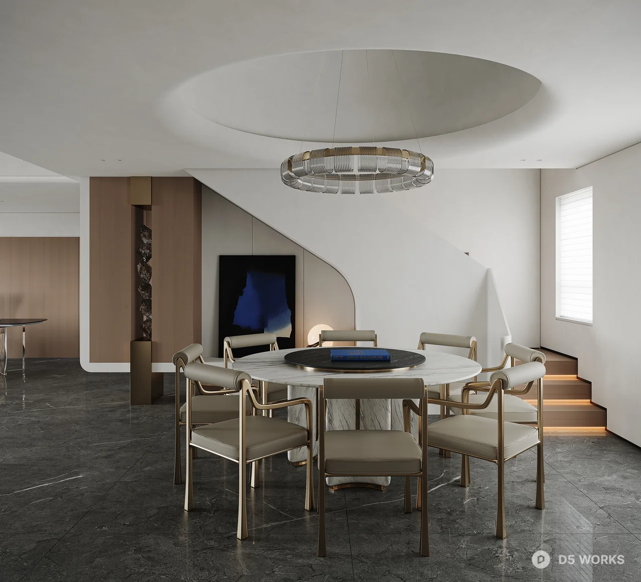 Minimalist Villa Living Room With Sculptural Pendant Lights 3d model thumbnail 3