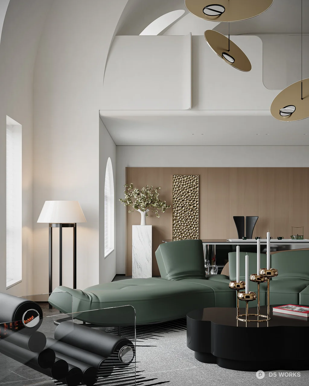 Minimalist Villa Living Room With Sculptural Pendant Lights 3d model thumbnail 7