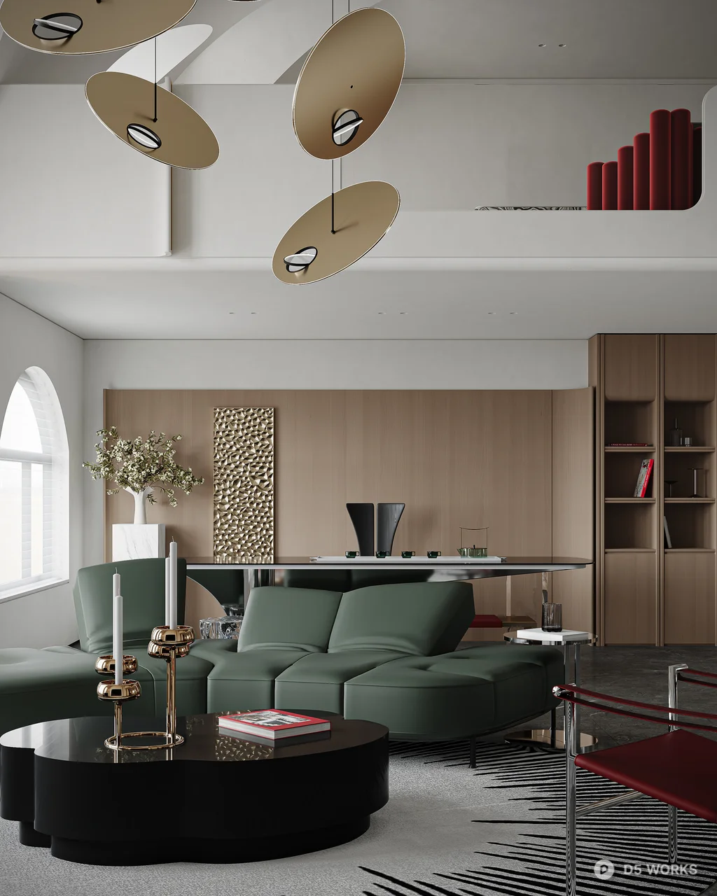 Minimalist Villa Living Room With Sculptural Pendant Lights 3d model thumbnail 6