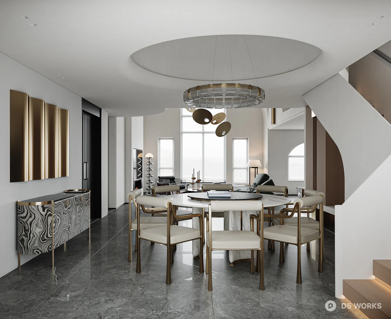 Minimalist Villa Living Room With Sculptural Pendant Lights 3d model thumbnail 2