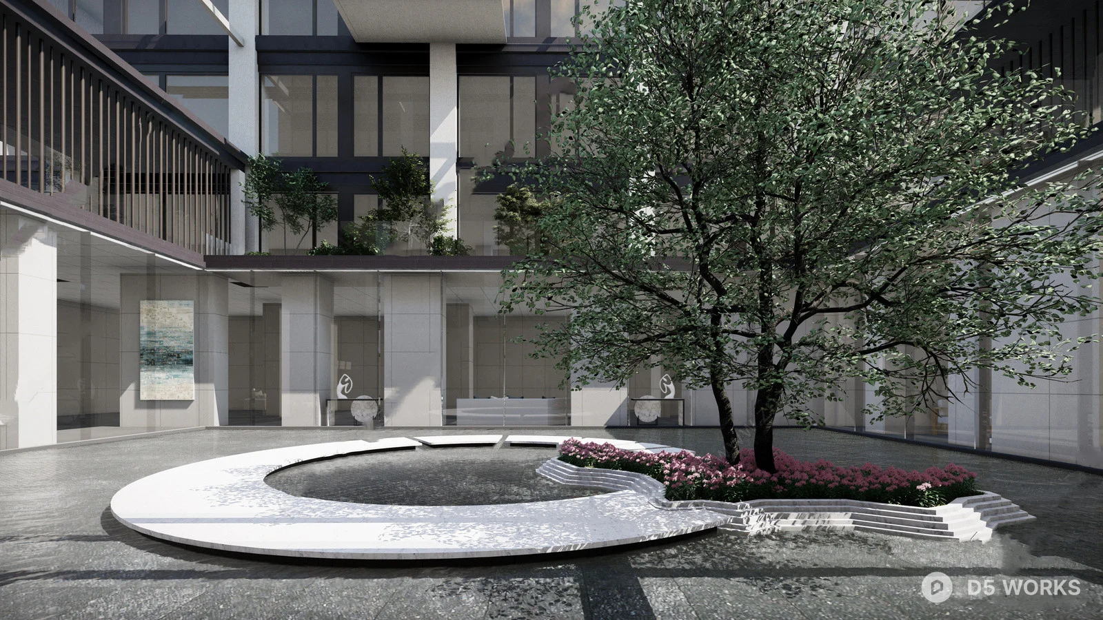 Free Modern Courtyard With Circular Water Feature And Tree 3D Model .skp