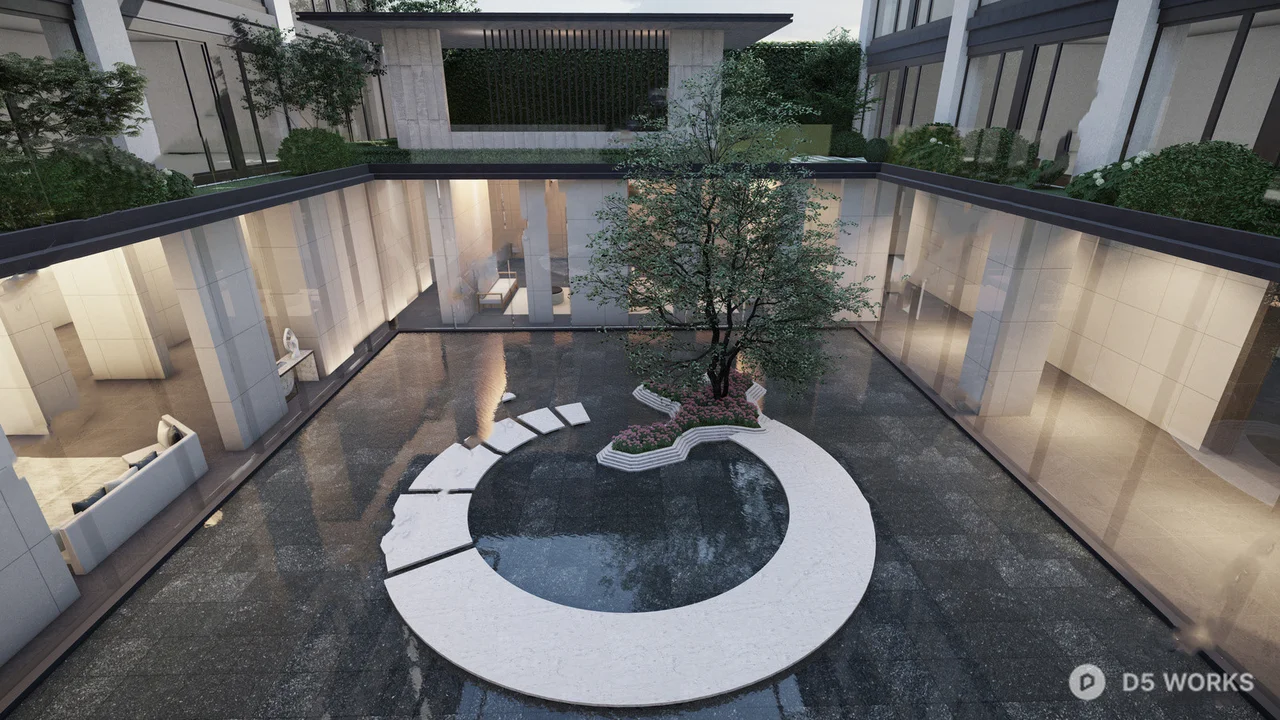 Free Modern Courtyard With Circular Water Feature And Tree 3D Model .skp