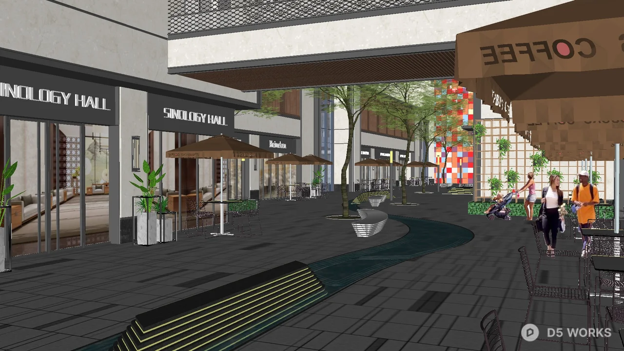 Modern Commercial Street Landscape With Pedestrian Path And Greenery 3d model thumbnail 2