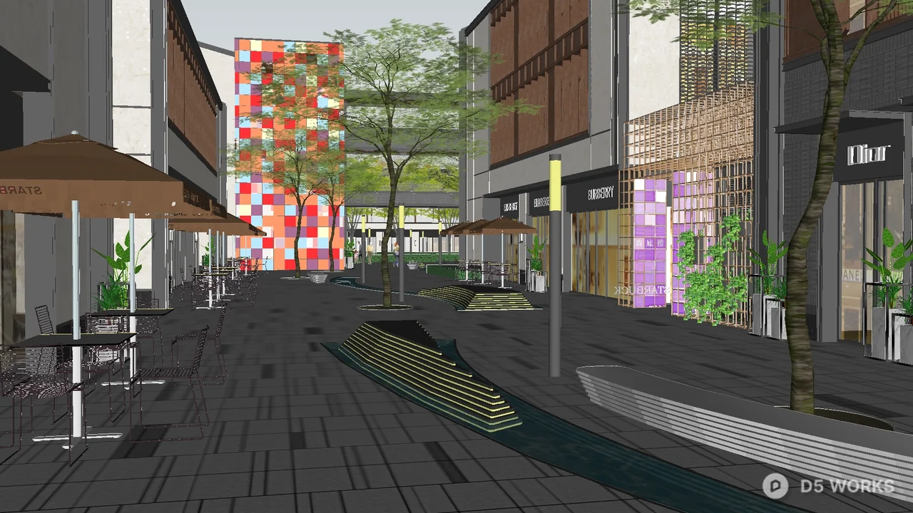 Modern Commercial Street Landscape With Pedestrian Path And Greenery 3d model thumbnail 3