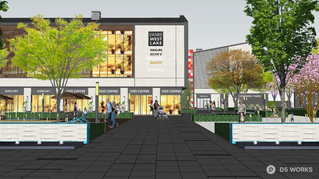 Modern Commercial Street Landscape With Pedestrian Path And Greenery 3d model - Image 1