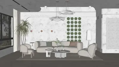 Minimalist Living Room With Textured Wall And Green Accent 3d model