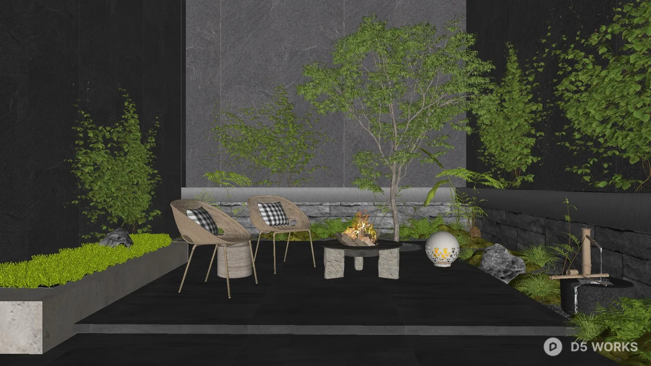 Modern Villa Courtyard with Fire Pit and Greenery 3d model - Image 1