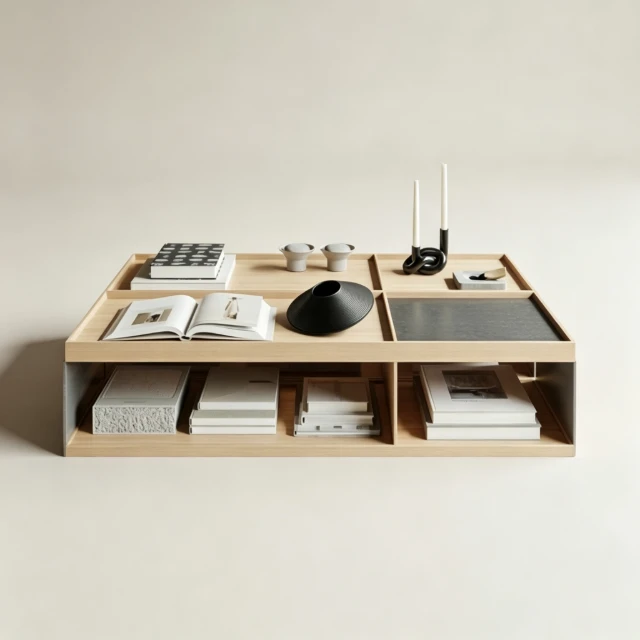 Minimalist Japandi Oak Coffee Table with Decor 3d model