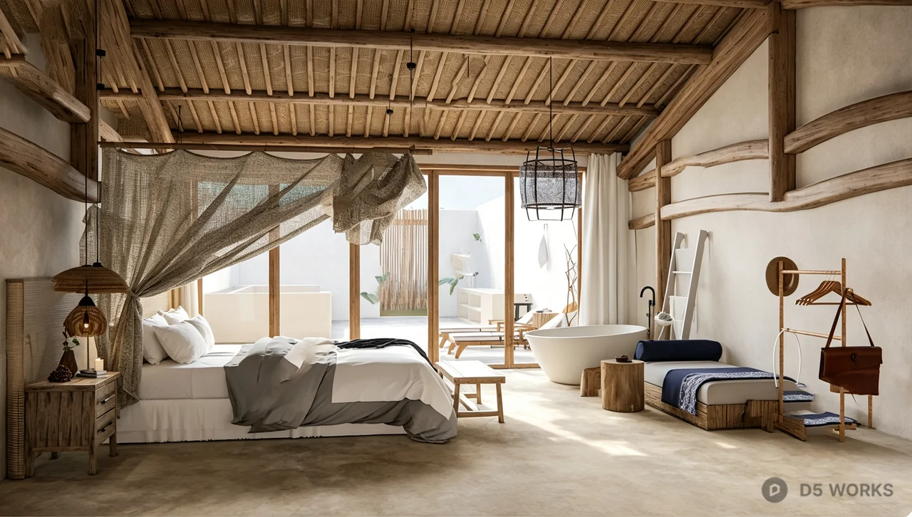 Rustic Wabi-Sabi Eco-Resort Bedroom Suite 3d model - Image 1