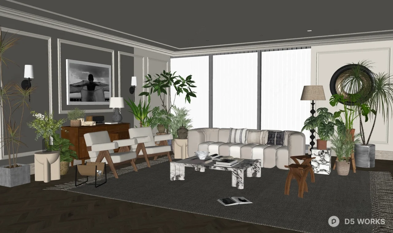 Minimalist Living Room with Greenery 3d model thumbnail 2