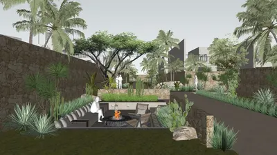 Tropical Courtyard With Fire Pit And Stone Walls 3d model