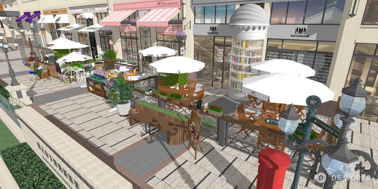 European Style Outdoor Commercial Street Scene 3d model thumbnail 2
