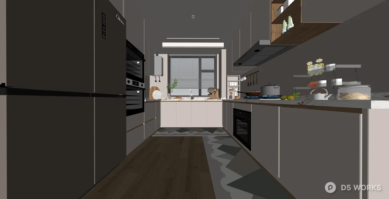 Modern Minimalist Galley Kitchen Interior Scene 3d model thumbnail 2