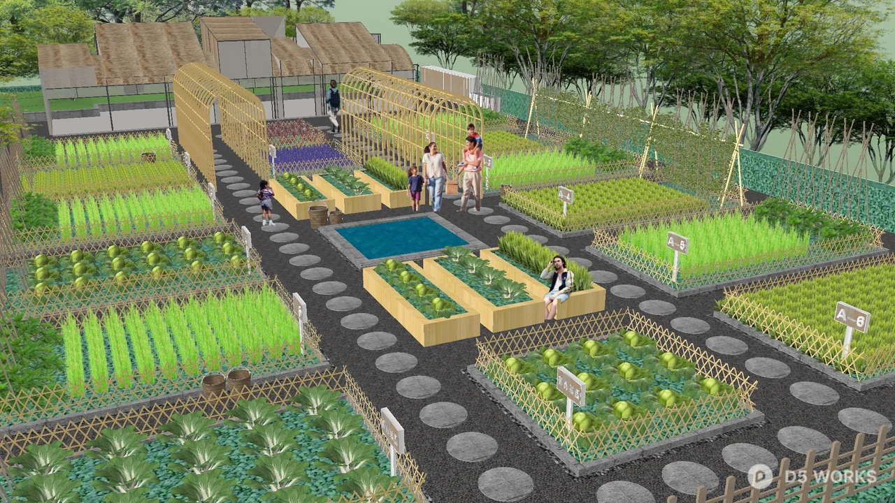 Modern Family Courtyard Garden With Raised Beds And Pathways 3d model - Image 1