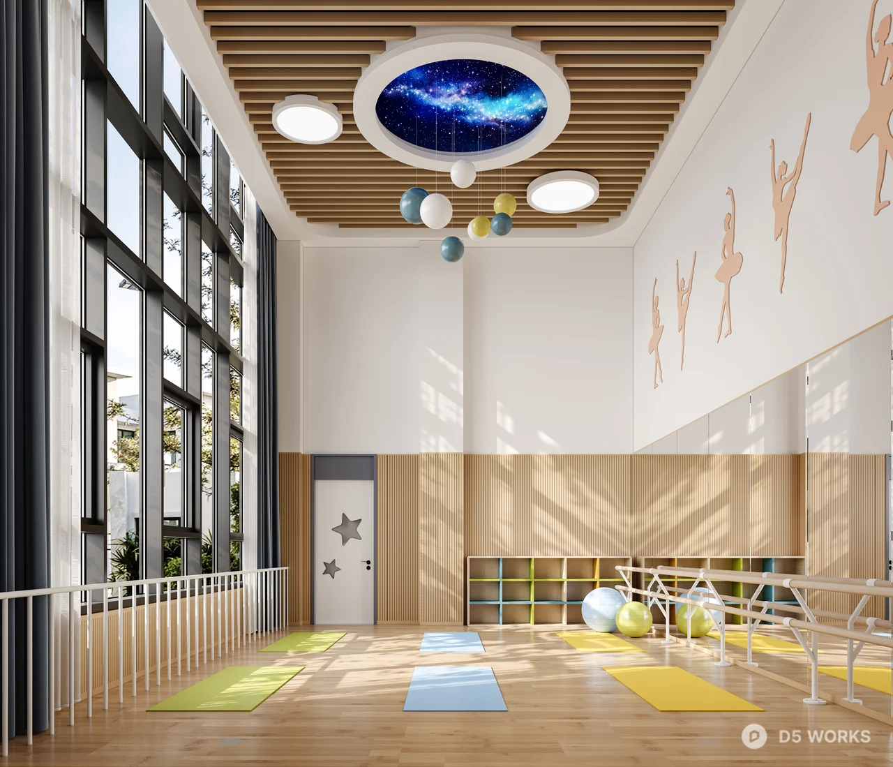 Modern Yoga Studio with Sky Ceiling and Mat Zones 3d model - Image 1