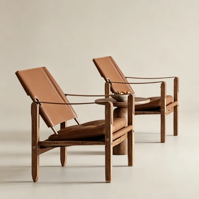 Mid-Century Modern Leather and Wood Safari Lounge Chairs 3d model