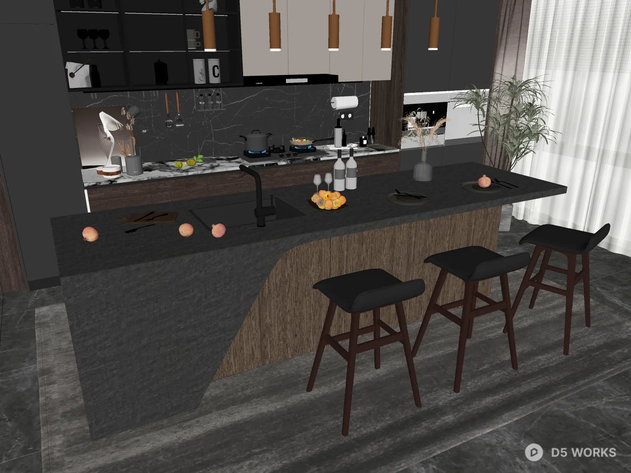 Free Modern Open Kitchen With Island And Bar Stools 3D Model .skp