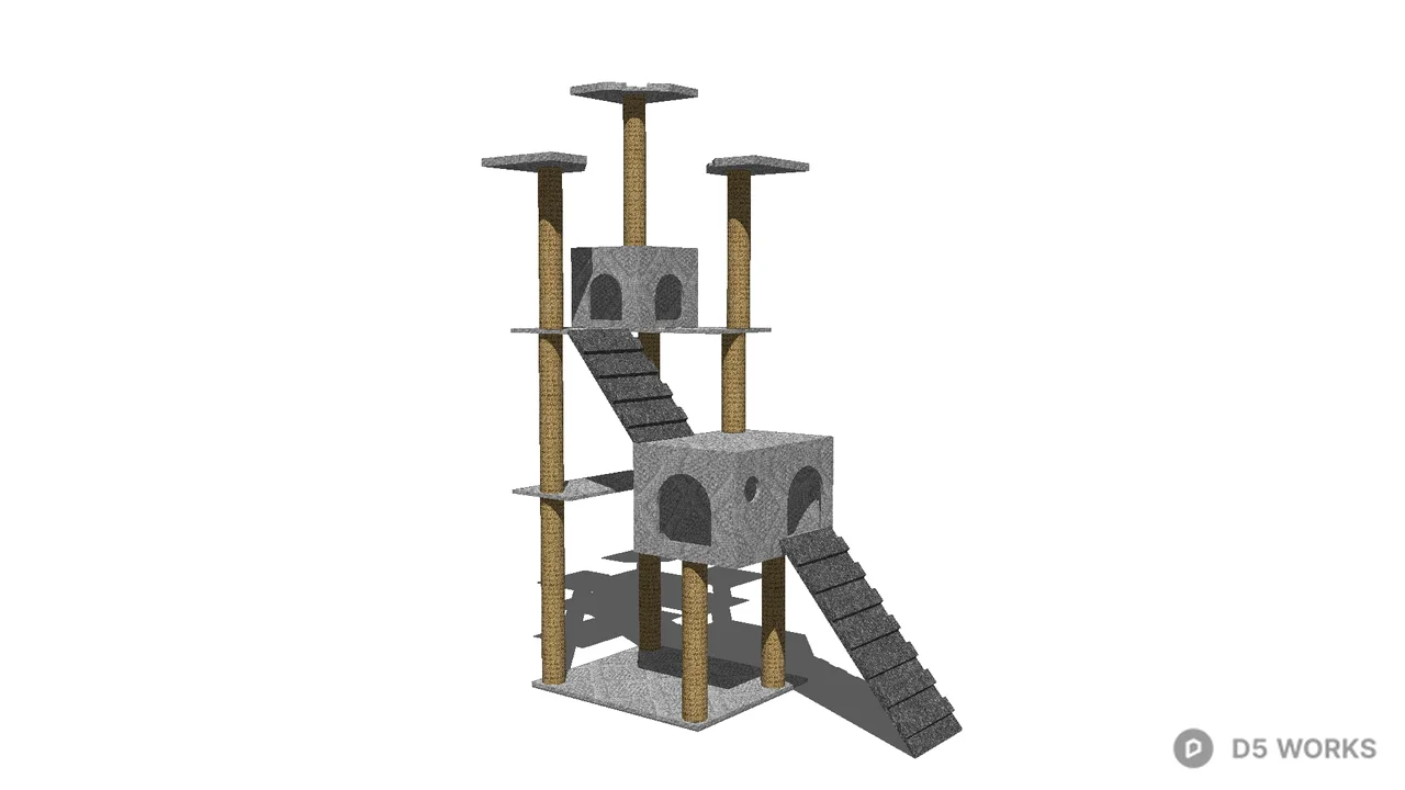 Multi-Level Wooden Cat Climbing Tower With Platforms And Ramp 3d model - Image 1