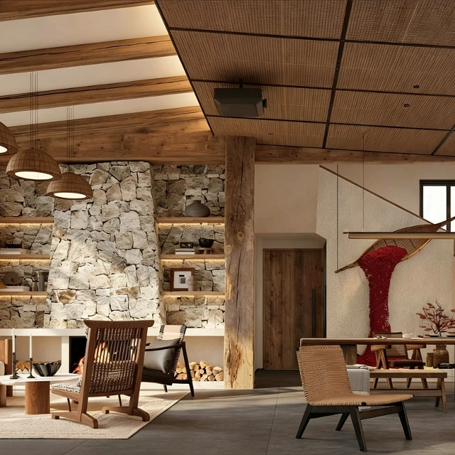 Rustic Wabi-Sabi Interior Scene with Stone and Wood 3d model