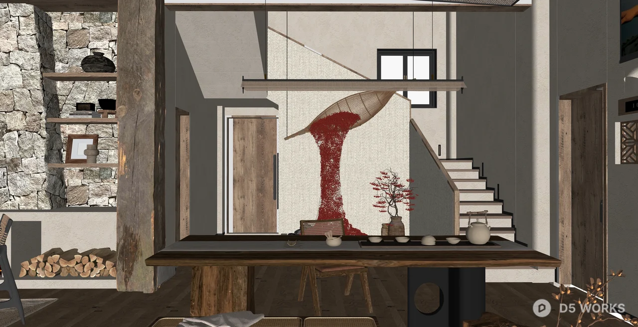 Rustic Wabi-Sabi Interior Scene with Stone and Wood 3d model thumbnail 2