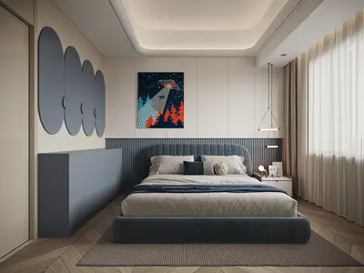 Modern Minimalist Bedroom with Art Wall and Ambient Lighting 3d model