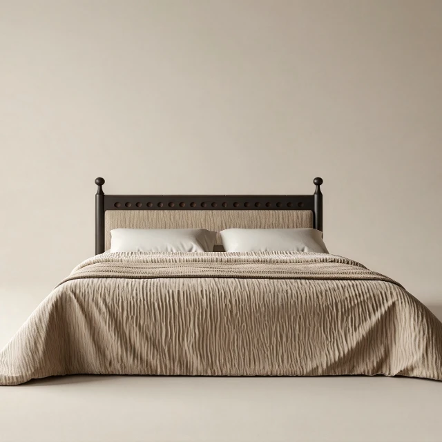 Rustic Dark Wood Bed with Textured Linen Bedding 3d model