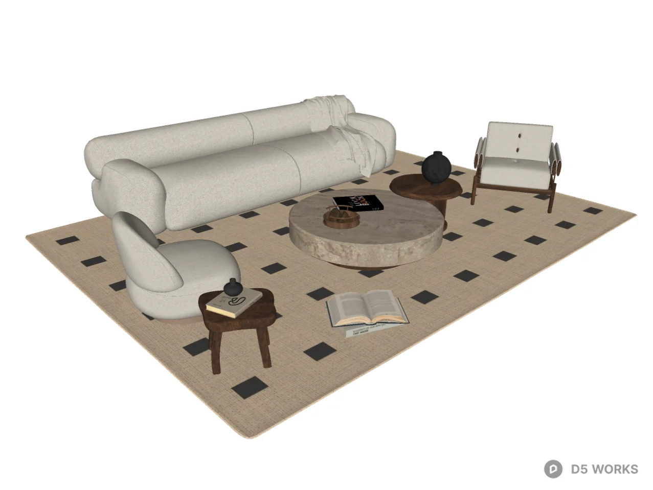 Mid-century Living Room Furniture Set 3d model thumbnail 2