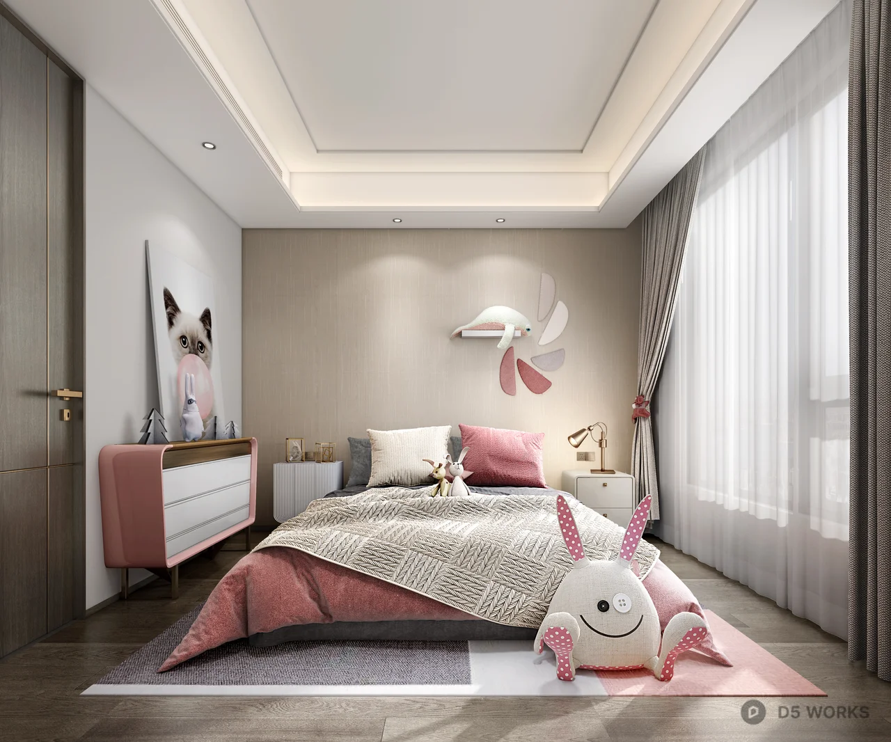 Modern Girl's Bedroom with Soft Pink Accents 3d model - Image 1